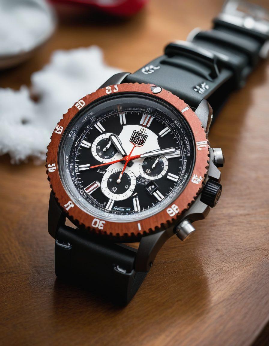 A close-up of a sleek Luminox watch on a finely crafted Swiss wooden table, highlighting its intricate details and precision engineering. The watch should have a captivating glow, showcasing its durability and luminous features against a backdrop of snowy Swiss Alps. Include elements of craftsmanship, such as Swiss flags or tools subtly in the background. super-realistic. vibrant colors. white background.